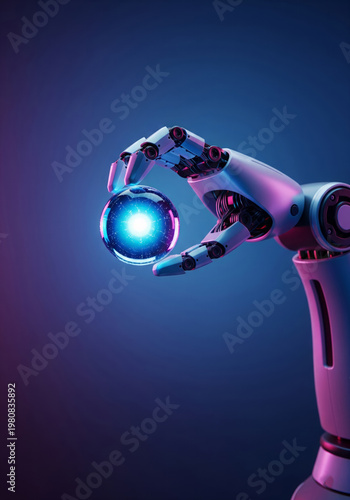 Futuristic robotic arm holding glowing blue energy sphere against purple background representing artificial intelligence and advanced technology