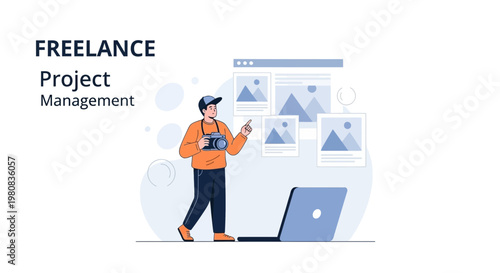 Freelance project management concept, photographer managing tasks on laptop