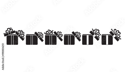 Row of open gift boxes with bows on a white background