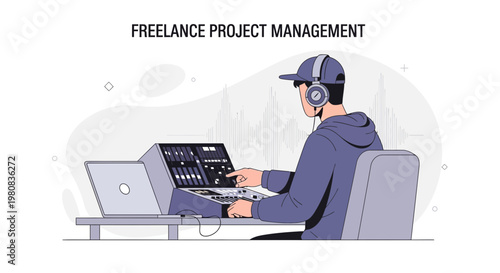 Freelance Project Management: Man at Soundboard with Laptop, Audio Production