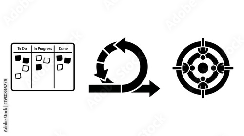 Agile scrum process cycle icon with arrows and kanban board for project management vector design