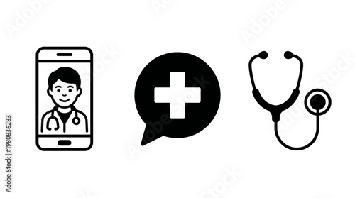 Online medical consultation and telemedicine health icon set showing cross stethoscope and smartphone vector graphic
