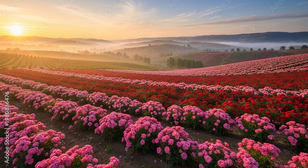 Obraz premium Colorful flower field at sunrise with pink and red blooms 