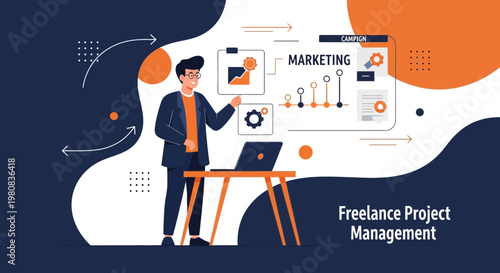 Freelance Project Management: Man Presenting Marketing Campaign Strategy with Laptop