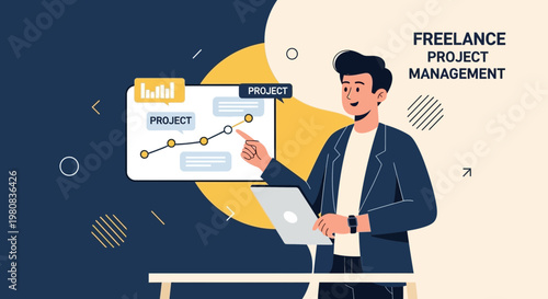Freelance Project Management: Man with Laptop and Analytics Chart