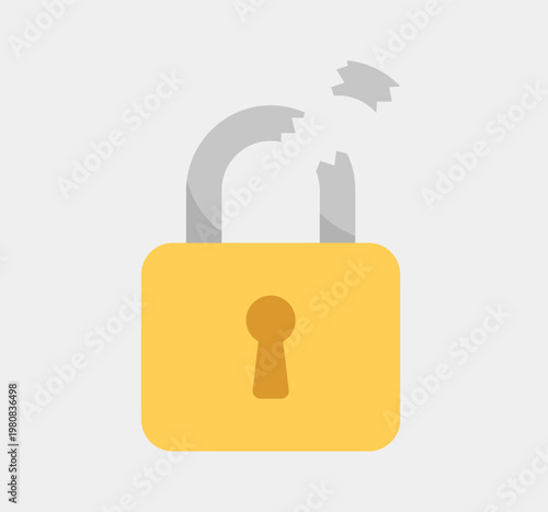 Broken padlock vector illustration. Concept of security, cyber attack, risk, data protection, privacy or hacking. 