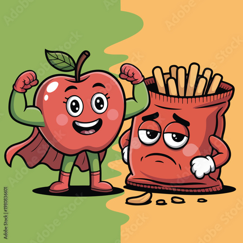 Healthy vs Junk Food Strong Apple vs Fries Funny Nutrition Cartoon Design