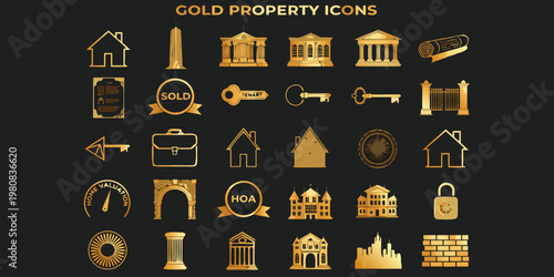 A collection of gold property icons on a black background, featuring various symbols related to real estate and property management.