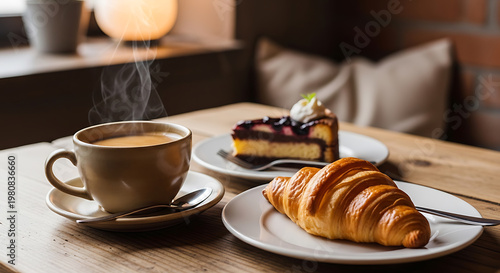 A cozy breakfast scene with coffee pastry and cake on transparent background