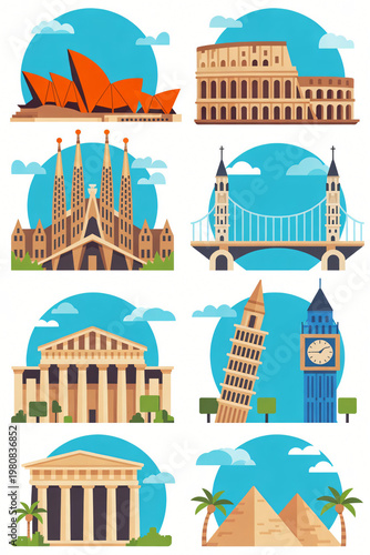 Flat design vector set of eight famous world landmarks including Sydney Opera House, Colosseum, Sagrada Familia, Tower Bridge, Parthenon, Leaning Tower of Pisa, Big Ben, and Egypt Pyramids