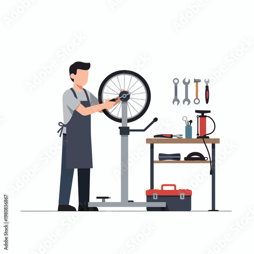 Mechanic fixing a bicycle wheel with tools in a workshop