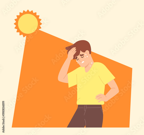 Man feeling exhausted and sweating in hot weather under bright sun. Heatstroke. Concept of heatwave, summer high temperature, heat fatigue, dehydration, global warming. Flat vector illustration.