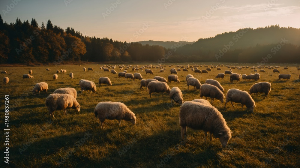 Fototapeta premium Sheep flock grazing green pasture at golden hour sunset