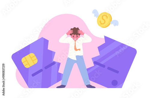 Stressed salaryman with broken credit card. Lack of financial liquidity. Concept of debt, financial pressure, money problems, and personal finance crisis. Flat vector style illustration.