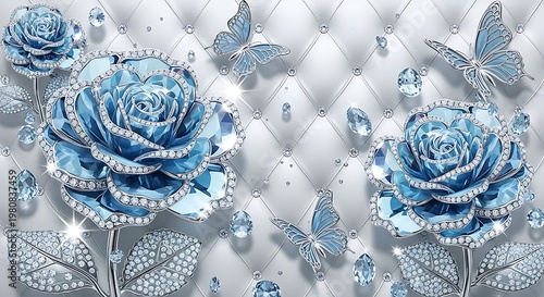 A luxurious and elegant illustration of blue roses and butterflies adorned with diamonds on a quilted white background.