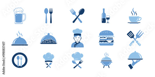 Set of various food and drink icons in blue colors, including beer, cutlery, wine, coffee, chef, burger, and barbecue representing restaurant and catering services.
