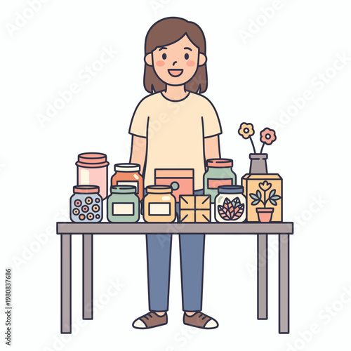 Woman stands behind jars of assorted items on a table display