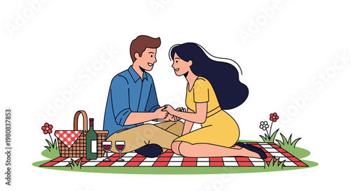 A lovely couple enjoy a picnic, holding hands on a checkered blanket with food and drink. The scene exudes romance and tranquility