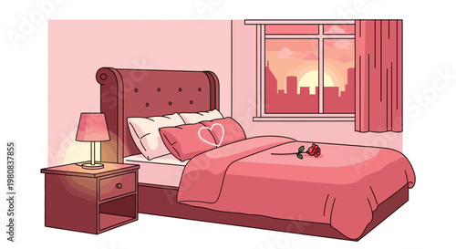 Cozy bedroom with bed, bedside table, lamp, and window with a city view, conveying a romantic atmosphere