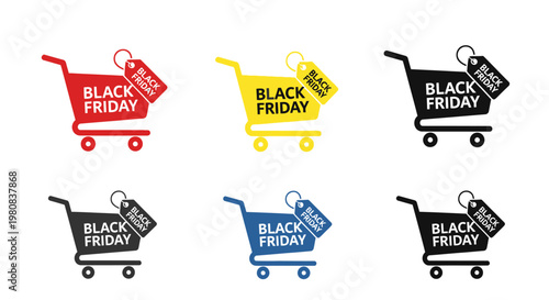 Set of shopping carts labeled Black Friday in multiple colors, representing sales and promotions