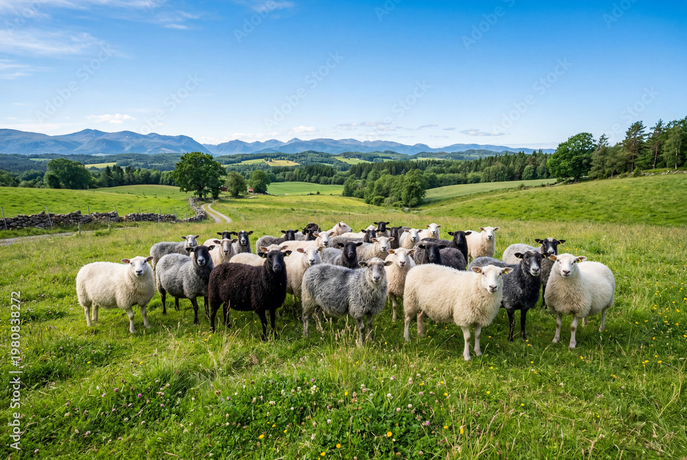 Fototapeta premium A flock of diverse fluffy sheep standing in a lush green pasture surrounded by distant mountains
