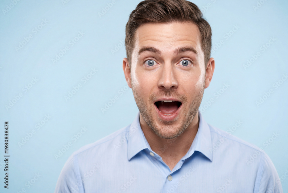 Obraz premium Surprised caucasian man in light blue shirt looking directly at camera on solid blue background