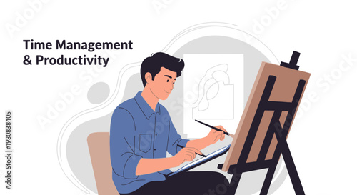 Artist painting on canvas, time management and productivity concept illustration