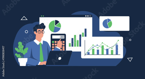 Business Analyst Working with Financial Charts and Data Analysis on Laptop