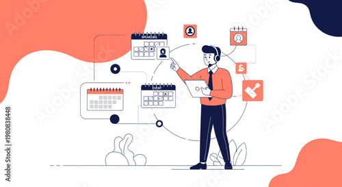 Business Man Managing Schedule and Tasks with Calendar Icons and Technology