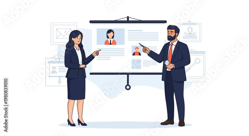 Business presentation with two professionals discussing resumes on a projector screen