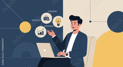 Business strategy presentation with man using laptop and icons of growth, security, and idea