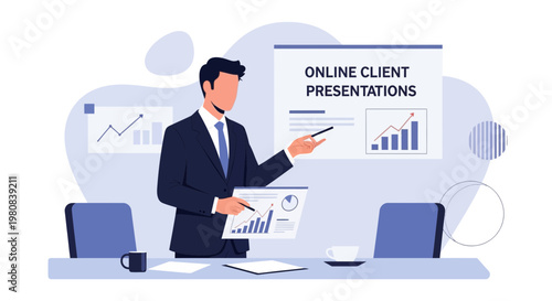 Businessman presenting online client presentations with charts and graphs in meeting room