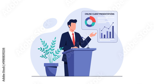 Businessman presenting online client presentations with charts and graphs
