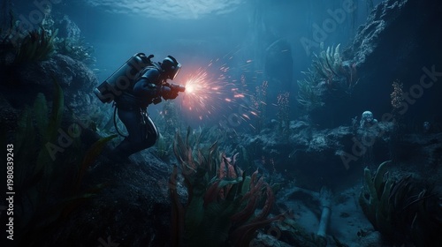Underwater Welder Repairs Pipe System with Glowing Sparks
