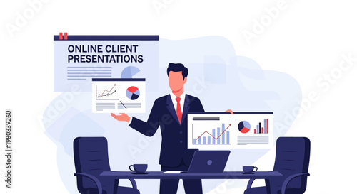 Businessman presenting online client presentations with charts and graphs