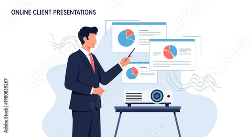 Businessman presenting online client presentations with charts and projector