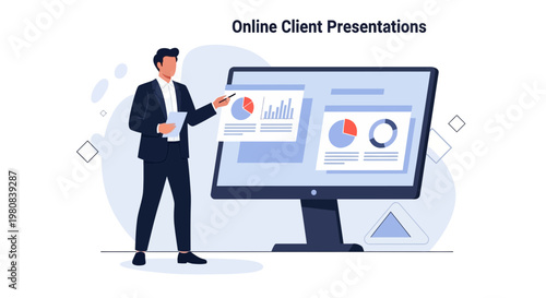 Businessman presenting online client presentations with charts on computer screen