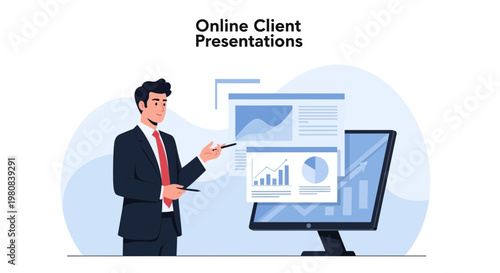 Businessman presenting online client presentations with charts on computer screen