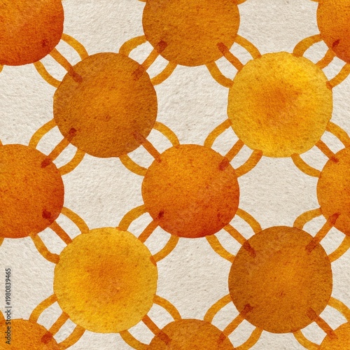 Seamless watercolor tile pattern with ochre orange sienna circle geometric repeat on cream white background