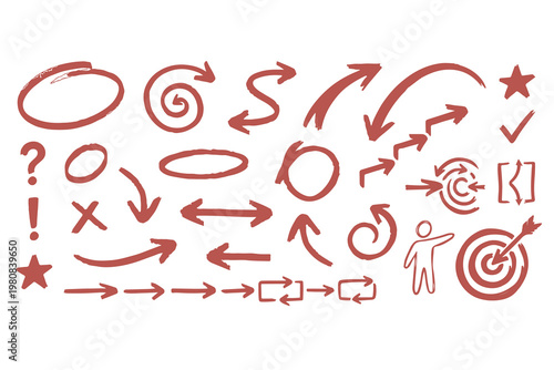 A collection of rough red marker-style arrows, circles, and symbols on a white background. Includes curved and straight arrows, and various direction indicators