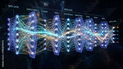 Glowing Blue Neural Network in Cosmic Space, Futuristic Digital Brain Connections, Abstract Neural Network Visualization