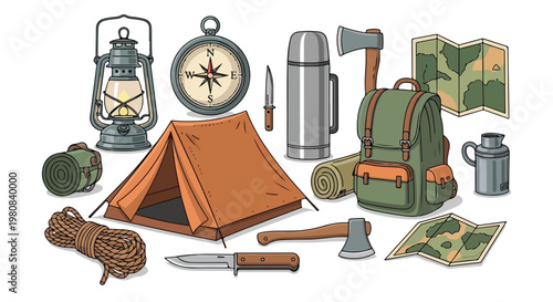 Flat lay of various camping gear and equipment on a white background, including a tent, backpack, and navigation tools.