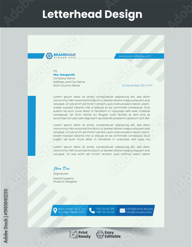Letterhead A professional letterhead design template with a blue and white color scheme on a gray background with print ready and editable features template
