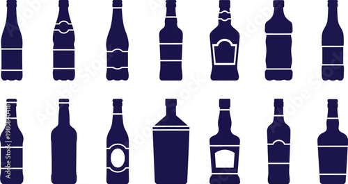 Beverage bottle silhouette icons vector set with ice bucket