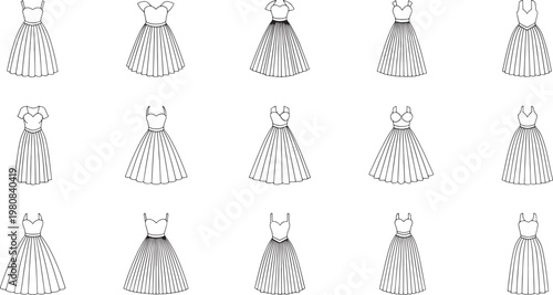 Black and white of women wearing dresses in various poses fashion women long dresses short dresses