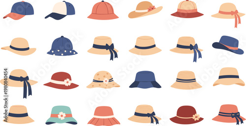 Large collection of various hats and caps for men and women, flat vector illustration set of summer sun hats and baseball caps.