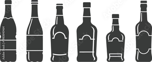 Bottle icons silhouette set for alcohol beverage packaging