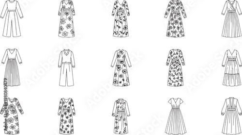 Black and white of women's dresses and tops with floral patterns polka dots stripes