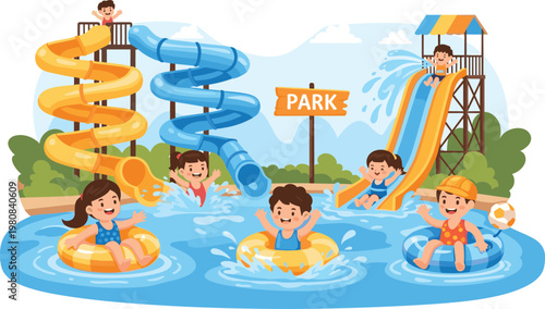 Happy children playing at colorful water park with slides and swimming pool, flat vector illustration of summer vacation and aqua park fun.
