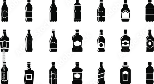 Black bottle silhouette vector icon set for beverages